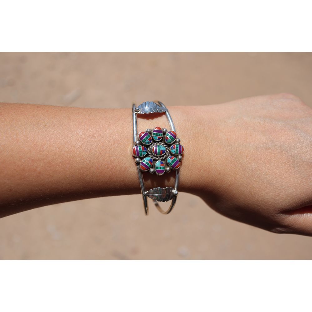 Native American Cuff Bracelet Multi Stone Inlay Sterling Silver Sz 7.25in. **